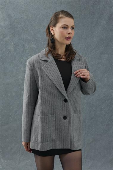 Gri Çizgili Oversize Ceket