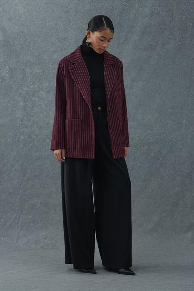 Bordo Çizgili Oversize Ceket