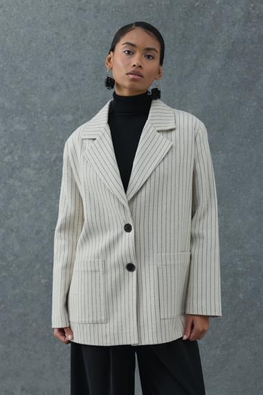 Bej Çizgili Oversize Ceket