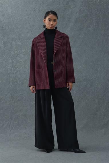 Bordo Çizgili Oversize Ceket