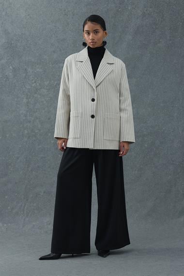 Bej Çizgili Oversize Ceket