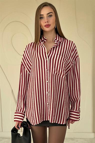 Bordo Çizgili Oversize Gömlek