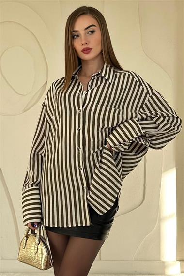 Haki Çizgili Oversize Gömlek