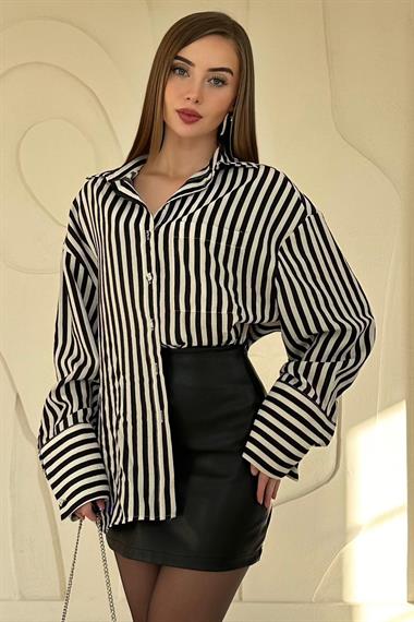 Siyah Çizgili Oversize Gömlek