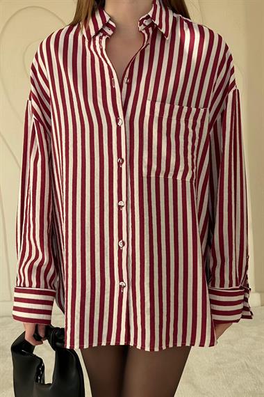Bordo Çizgili Oversize Gömlek