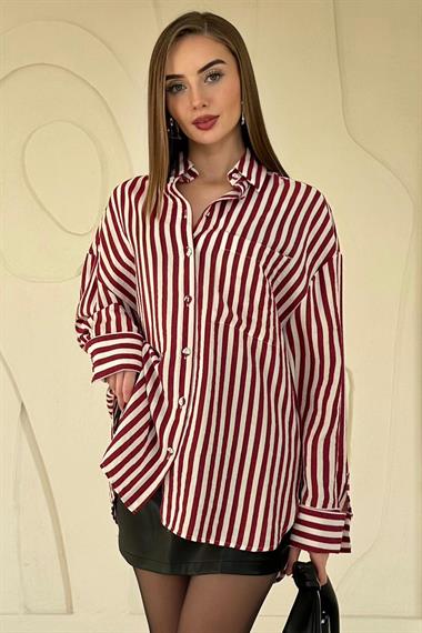 Bordo Çizgili Oversize Gömlek