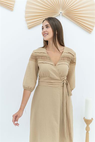 Bej Dantel Detay Keten Elbise