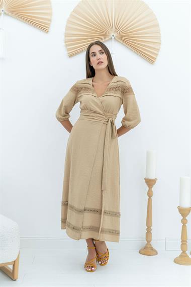 Bej Dantel Detay Keten Elbise