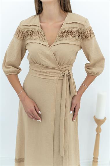 Bej Dantel Detay Keten Elbise