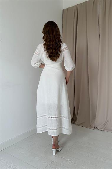Beyaz Dantel Detay Keten Elbise