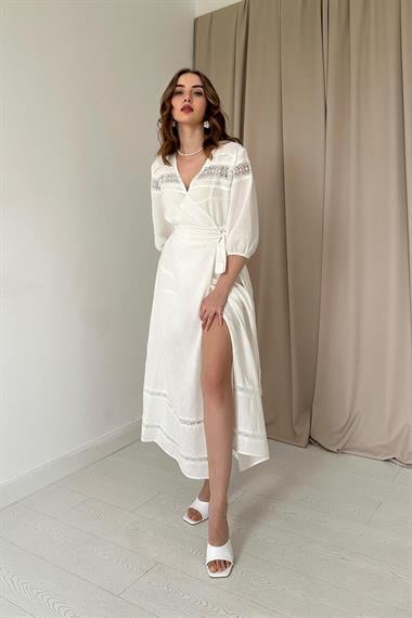 Beyaz Dantel Detay Keten Elbise