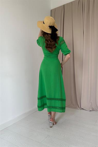 Yeşil Dantel Detay Keten Elbise
