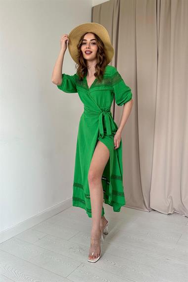 Yeşil Dantel Detay Keten Elbise