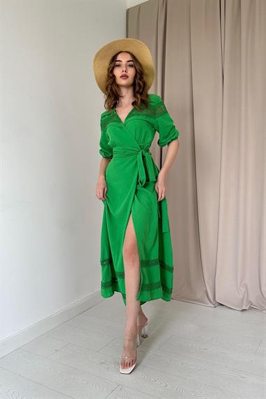 Yeşil Dantel Detay Keten Elbise