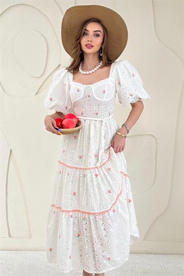 Pudra Dantel Detaylı Brode Elbise