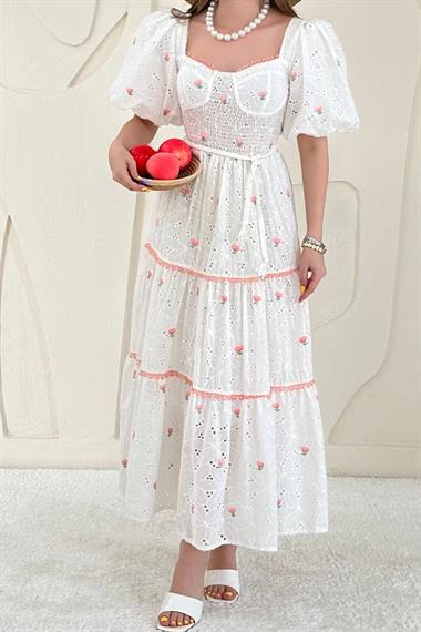 Pudra Dantel Detaylı Brode Elbise