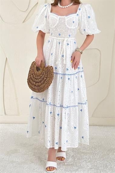 Mavi Dantel Detaylı Brode Elbise