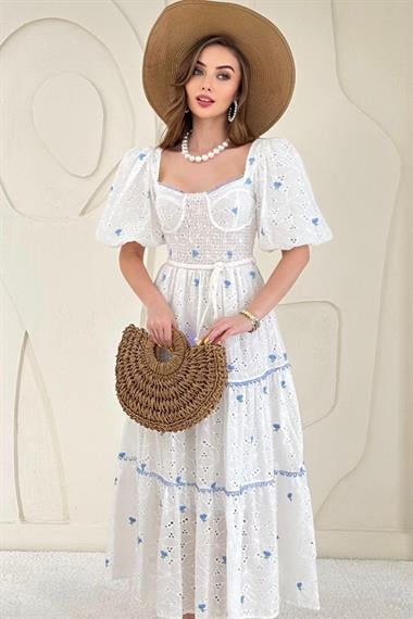 Mavi Dantel Detaylı Brode Elbise