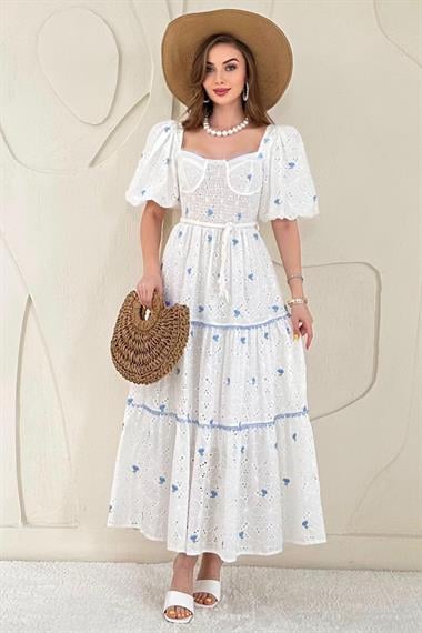 Mavi Dantel Detaylı Brode Elbise