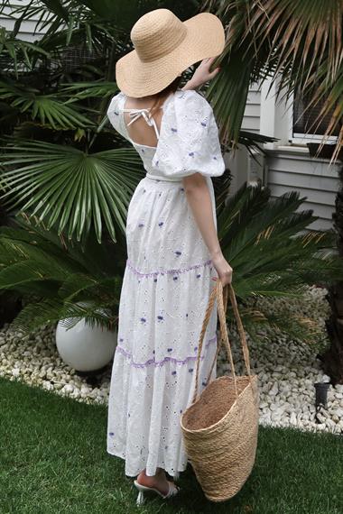 Lila Dantel Detaylı Brode Elbise