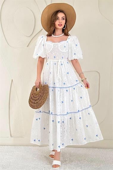 Mavi Dantel Detaylı Brode Elbise