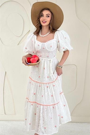 Pudra Dantel Detaylı Brode Elbise