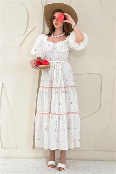 Pudra Dantel Detaylı Brode Elbise