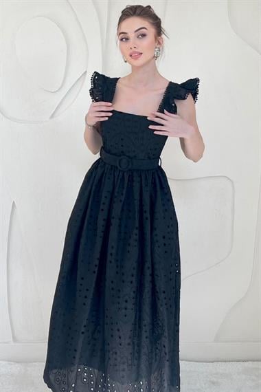 Siyah Dantel Detaylı Kemerli Brode Elbise