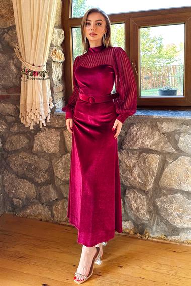 Bordo Dantel Detaylı Kemerli Kadife Elbise