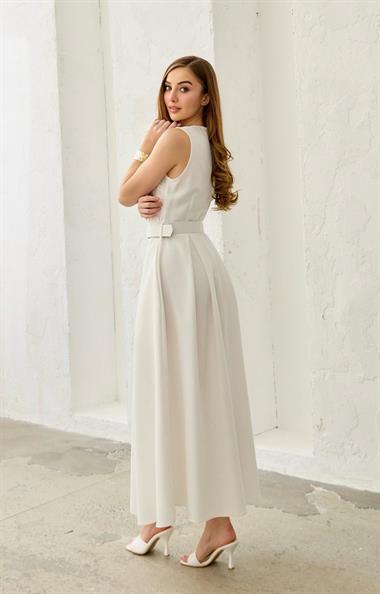 Beyaz Halter Kol Dantel Detaylı Kemerli Elbise