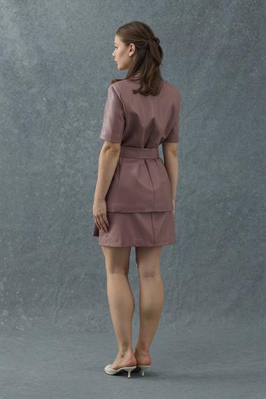 Pudra Deri Ceket ve Etek Takım