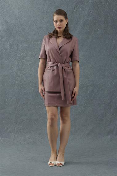 Pudra Deri Ceket ve Etek Takım