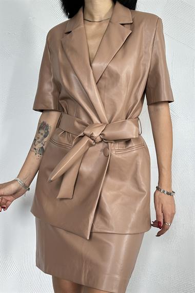 Taba Deri Ceket ve Etek Takım