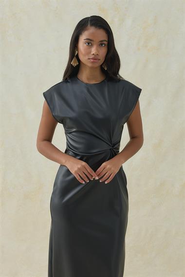 Siyah Deri Düğümlü Elbise