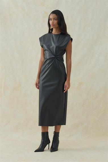 Siyah Deri Düğümlü Elbise
