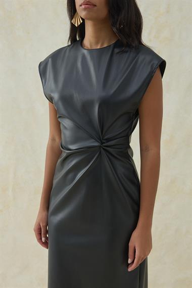 Siyah Deri Düğümlü Elbise