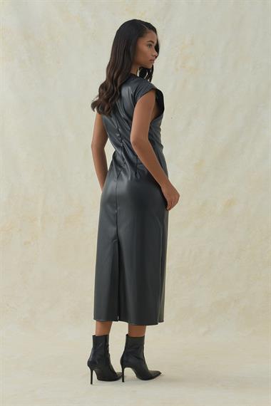 Siyah Deri Düğümlü Elbise