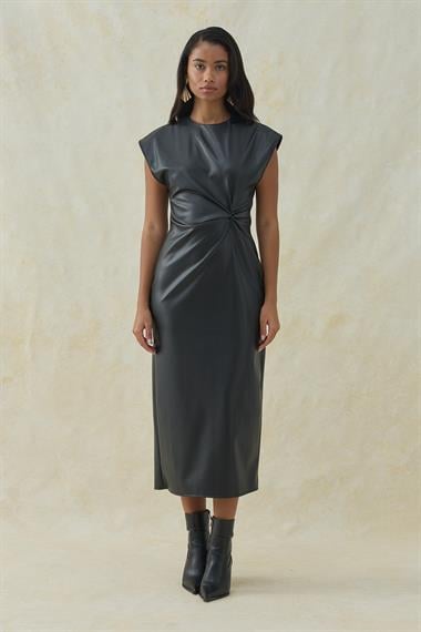Siyah Deri Düğümlü Elbise