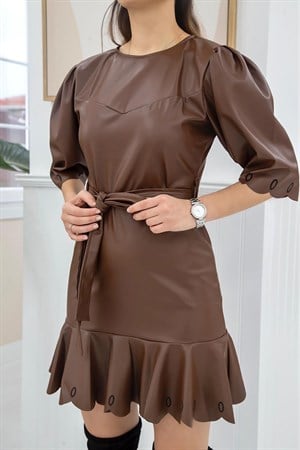Kahverengi Deri Mini Elbise