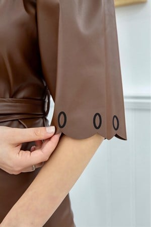 Kahverengi Deri Mini Elbise