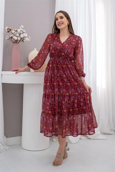 Bordo Desenli Şifon Elbise