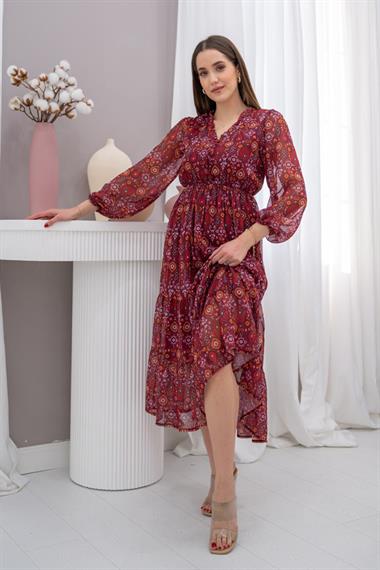 Bordo Desenli Şifon Elbise