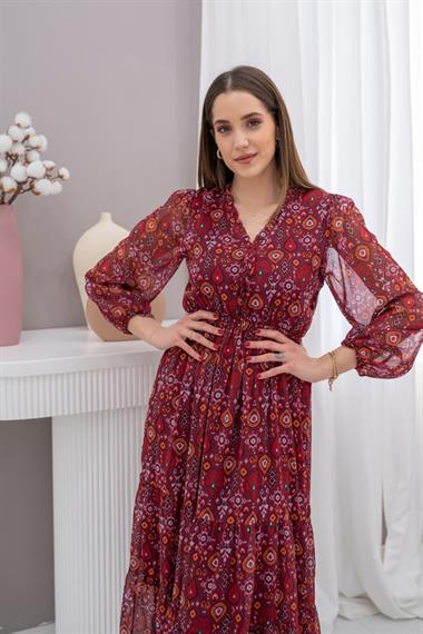Bordo Desenli Şifon Elbise
