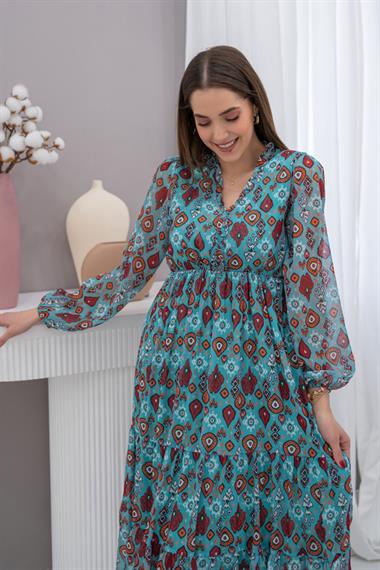 Mint Desenli Şifon Elbise