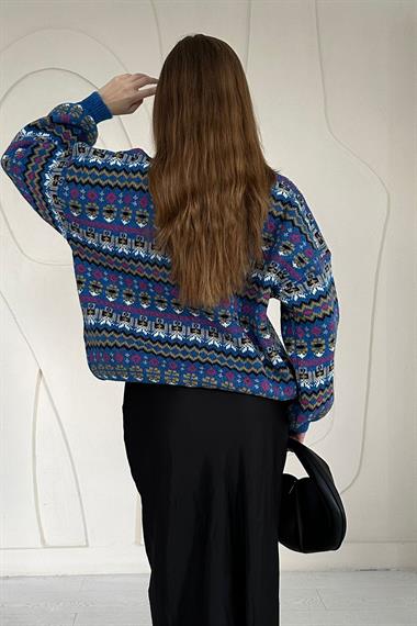 Mavi Desenli Triko Kazak