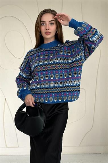 Mavi Desenli Triko Kazak