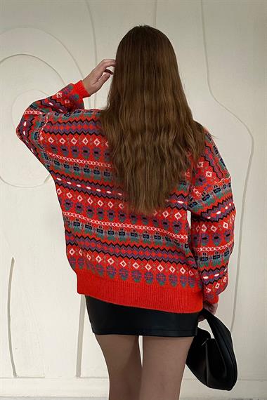 Turuncu Desenli Triko Kazak