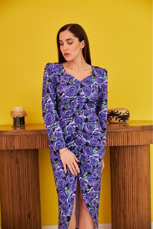 Desenli ve Büzgülü Elbise