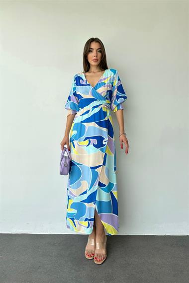 Desenli Yırtmaçlı Elbise