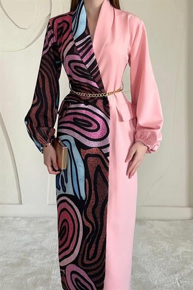 Pembe Dijital Garnili Pembe Atlas Elbise